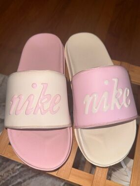 Nike Pink and Cream Script Slide Sandals